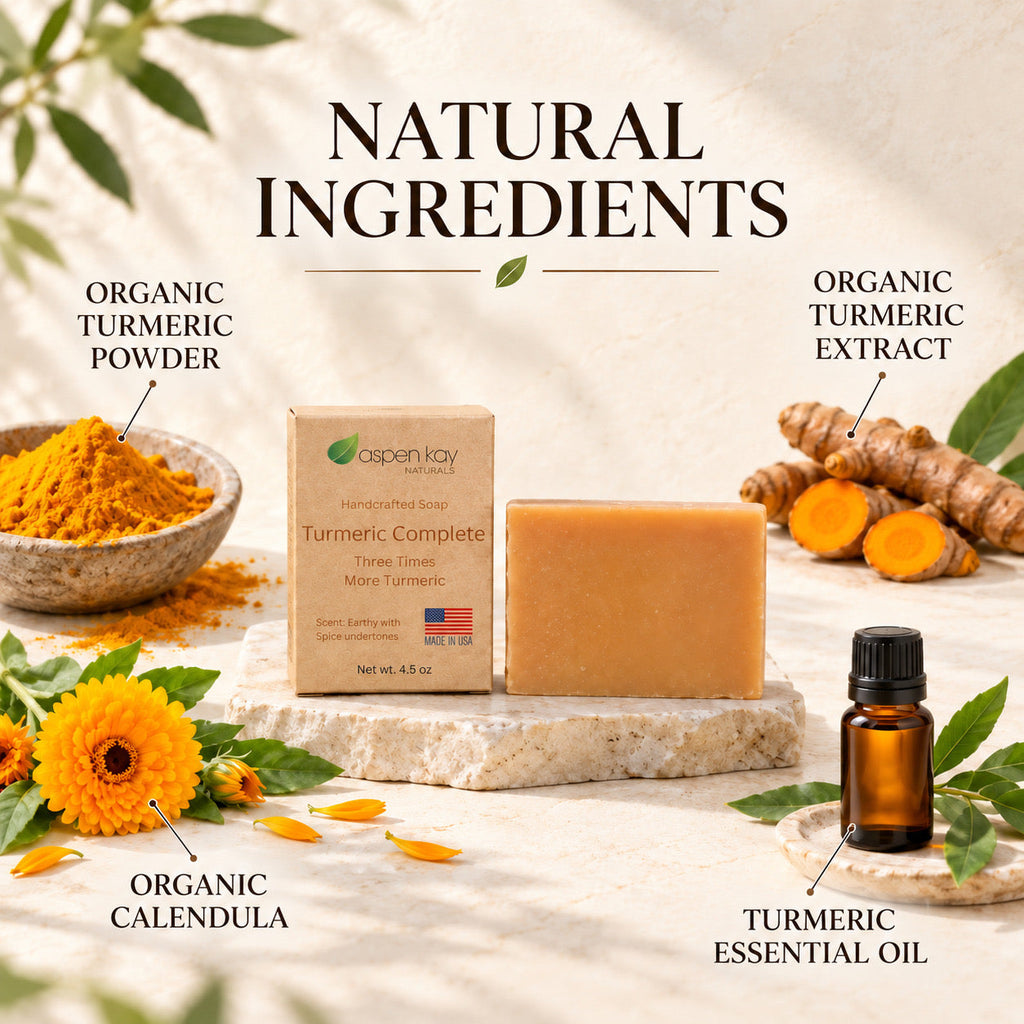 Aspen Kay Turmeric Complete handcrafted soap bar and its box displayed on a stone slab, surrounded by natural ingredients including organic turmeric powder, turmeric extract, organic calendula flowers, and a turmeric essential oil bottle under a 'NATURAL INGREDIENTS' heading.