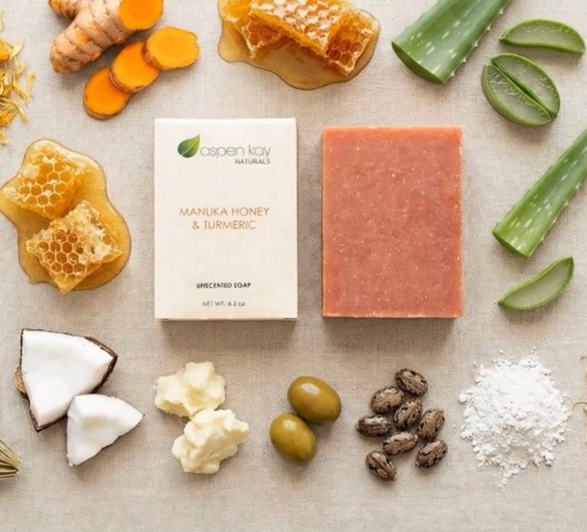 Manuka Honey & Turmeric soap bar with natural ingredients on a neutral background