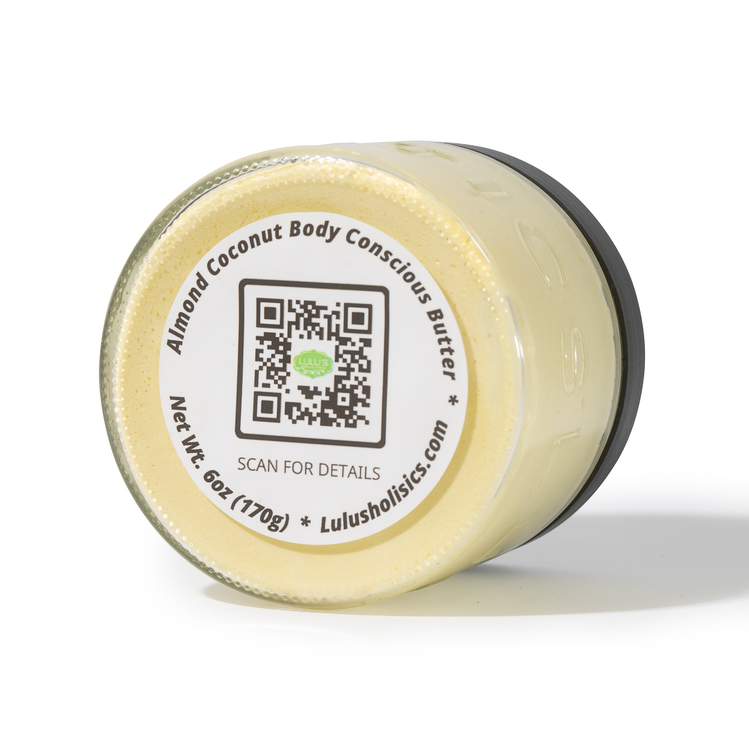 Jar of Almond Coconut Body Conscious Butter with a QR code label on a white background