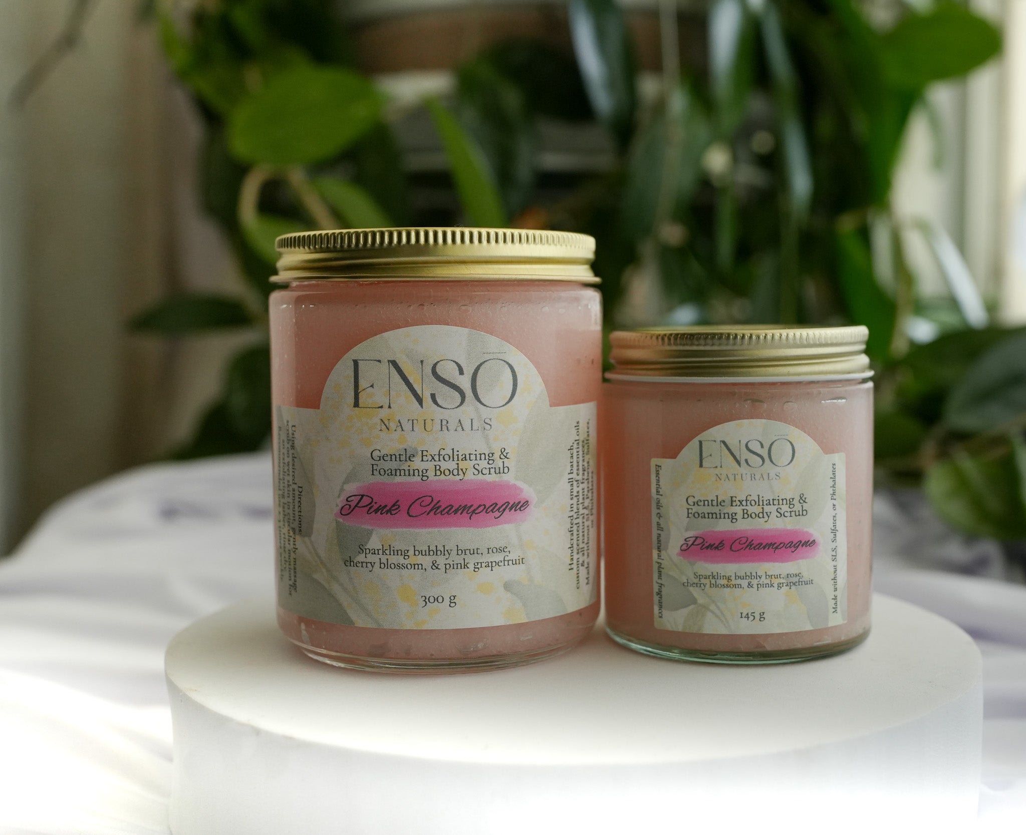 ENSO Naturals Pink Champagne gentle exfoliating foaming sugar body scrub in glass jars, nourishing skincare for smooth, soft, glowing skin.