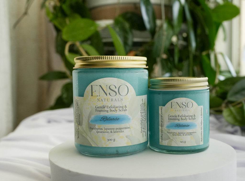 ENSO Naturals Release Gentle Exfoliating & Foaming Body Sugar Scrub in Glass Jars with Eucalyptus, Japanese Peppermint & Spearmint, Natural Skincare