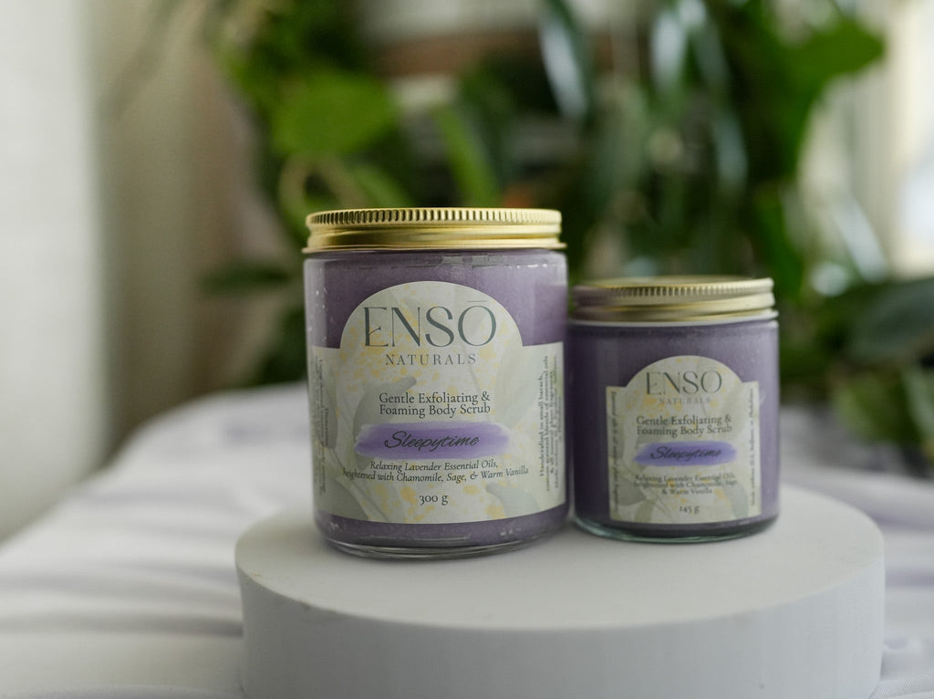 ENSO Naturals Sleepytime Gentle Exfoliating & Foaming Body Sugar Scrub with Relaxing Lavender Essential Oil in Purple Glass Jars for Smooth, Soft Skin