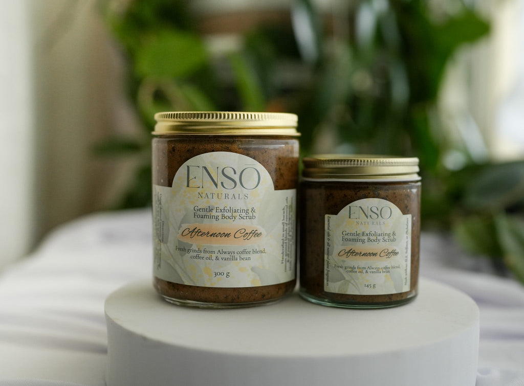 ENSO Naturals Afternoon Coffee Gentle Foaming Sugar Scrub jars with coffee grounds for exfoliating, smoothing and nourishing body skincare.