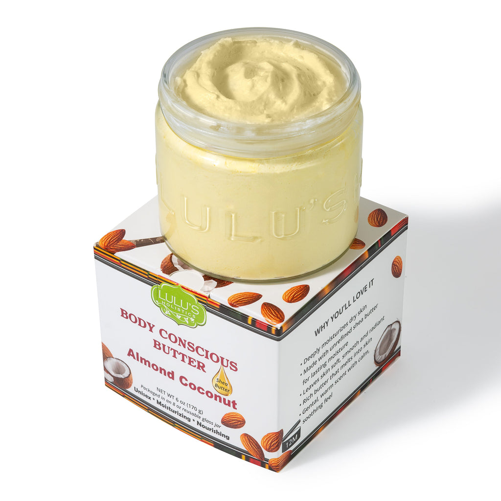 Jar of Body Conscious Almond Coconut Body Butter on its packaging with a white background