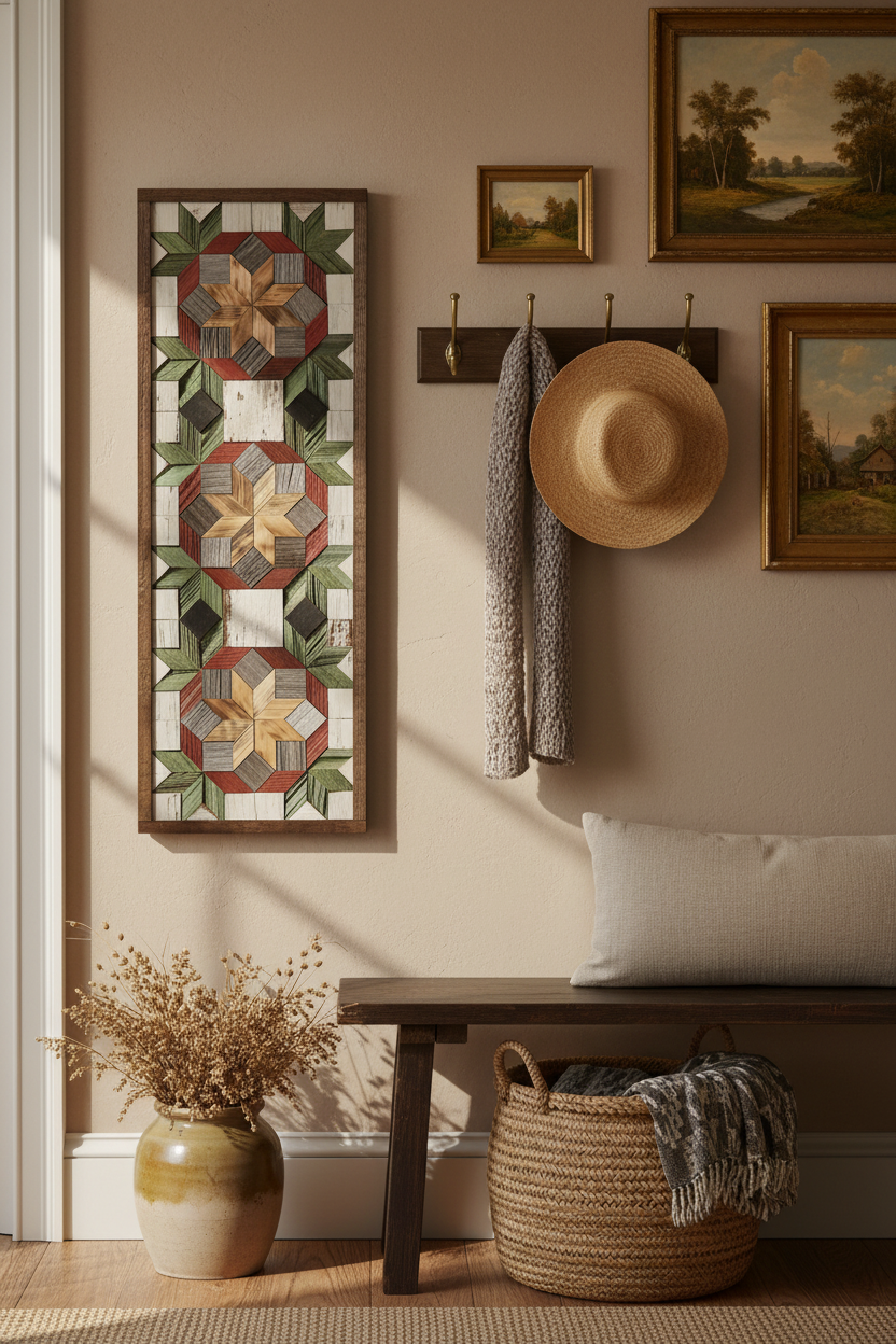 Handmade Amish Barn Quilt Banner Wall Art – 10.5in x 30in Reclaimed Wood Mosaic