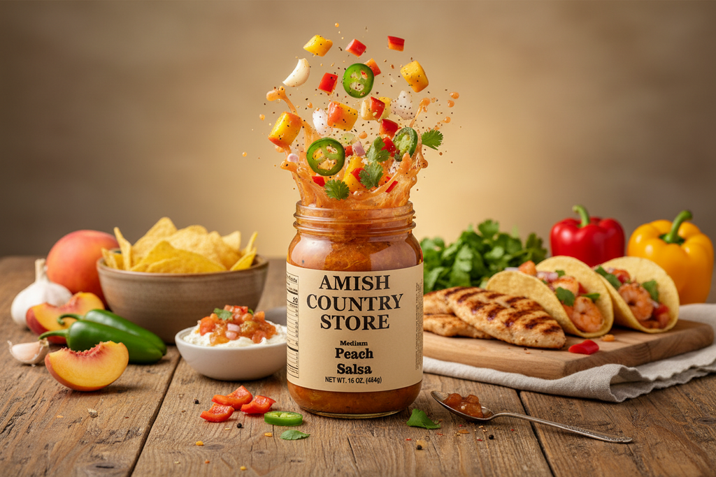 Peach Salsa | Medium Sweet Heat Salsa | Amish Country Store | 16 oz