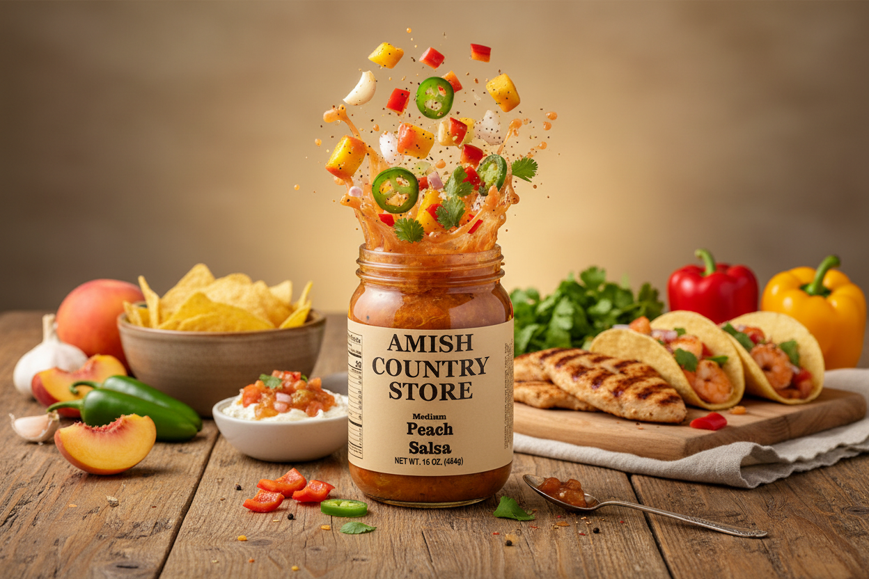 Peach Salsa | Medium Sweet Heat Salsa | Amish Country Store | 16 oz