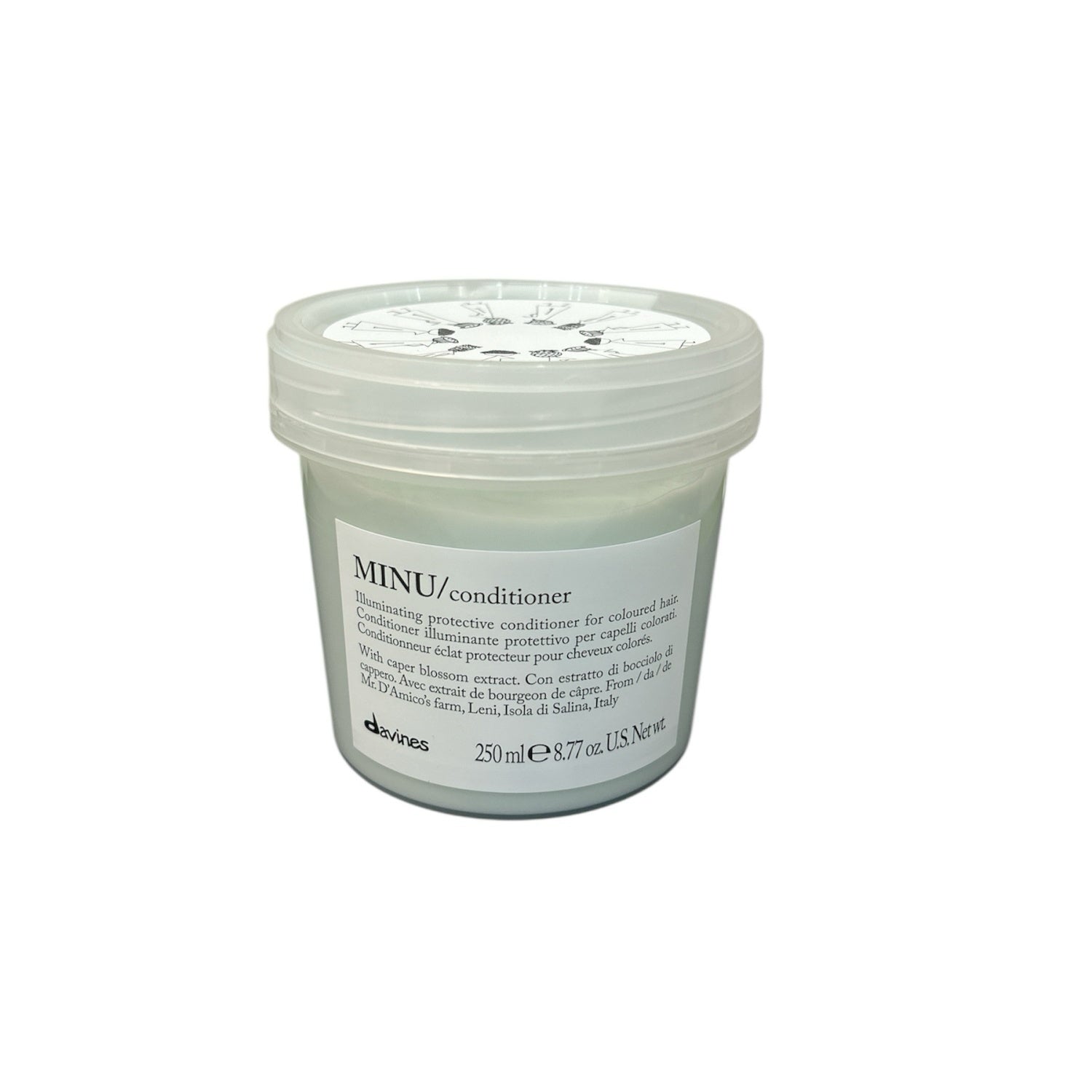 Davines MINU Conditioner 250 mL for color-treated hair, nourishing illuminating conditioner for softness, shine and color protection, Italian hair care product jar on white background