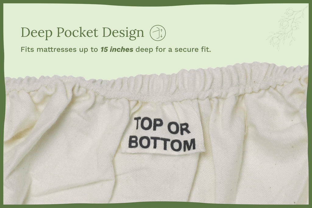Textile product with 'Top or Bottom' label on a green background. Organic Sateen Bed Sheets Set