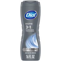 Dial Men 3 in 1 Body, Hair & Face Wash, Soothe Infinite Fresh 16 Oz bottle, all-in-one men's body wash, shampoo and face cleanser, moisturizing daily shower gel, fresh masculine scent, rich foaming lather, skin-friendly grooming essential for everyday cleansing and hydration.