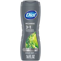 Dial Recharge Men's Body Wash Cedar Leaf Scent 3-in-1 Body Hair Face Wash bottle for men with refreshing cedar leaf fragrance, moisturizing liquid cleanser for body, hair, and face, daily grooming essential.