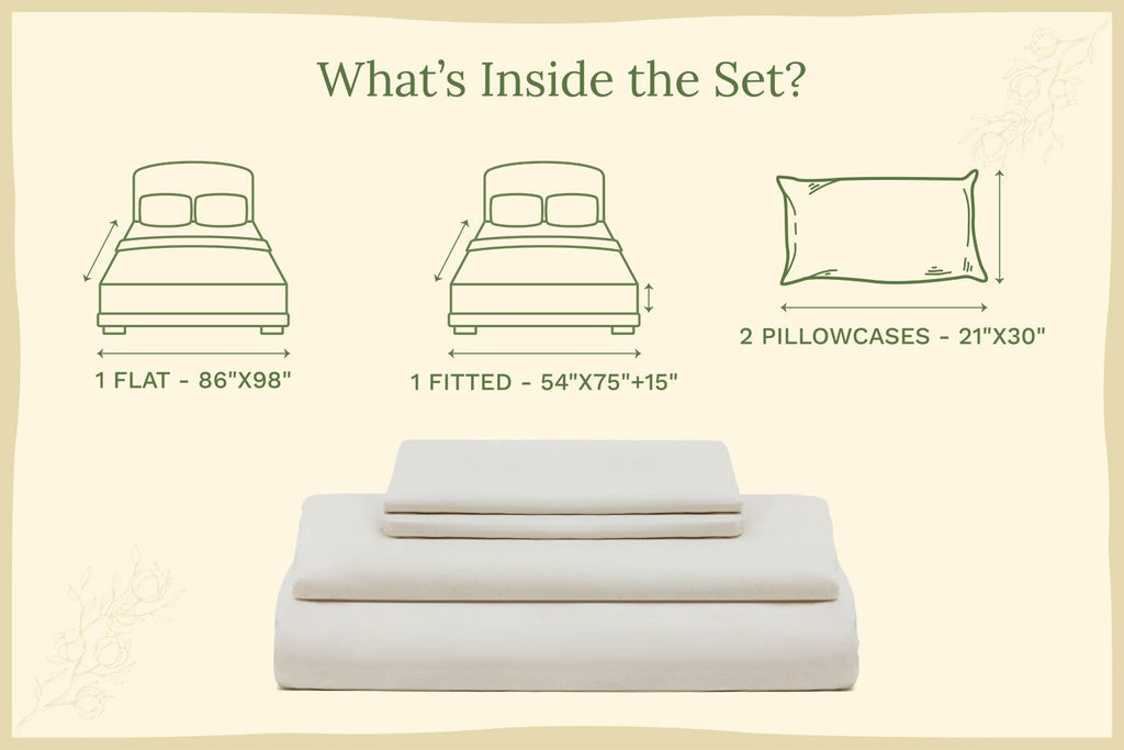 Bedding set with flat, fitted, and pillowcase dimensions on a beige background. Organic Sateen Bed Sheets Set