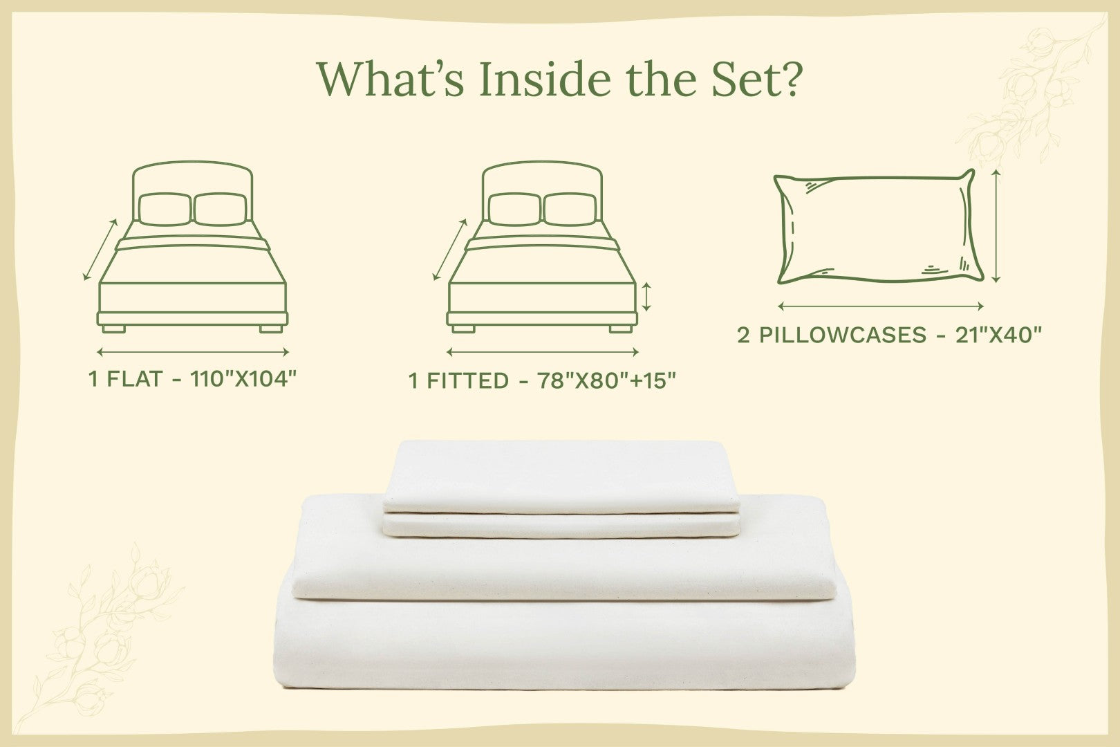 Bedding set with dimensions labeled on a beige background. Organic Sateen Bed Sheets Set