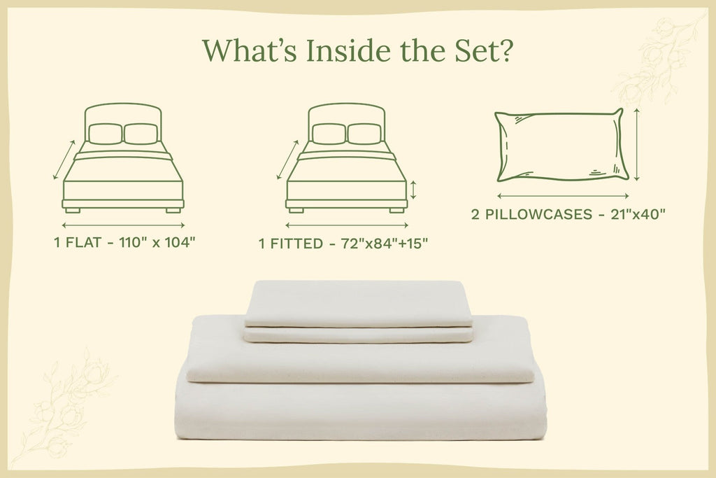 Bedding set with flat, fitted, and pillowcase dimensions on a beige background. Organic Sateen Bed Sheets Set