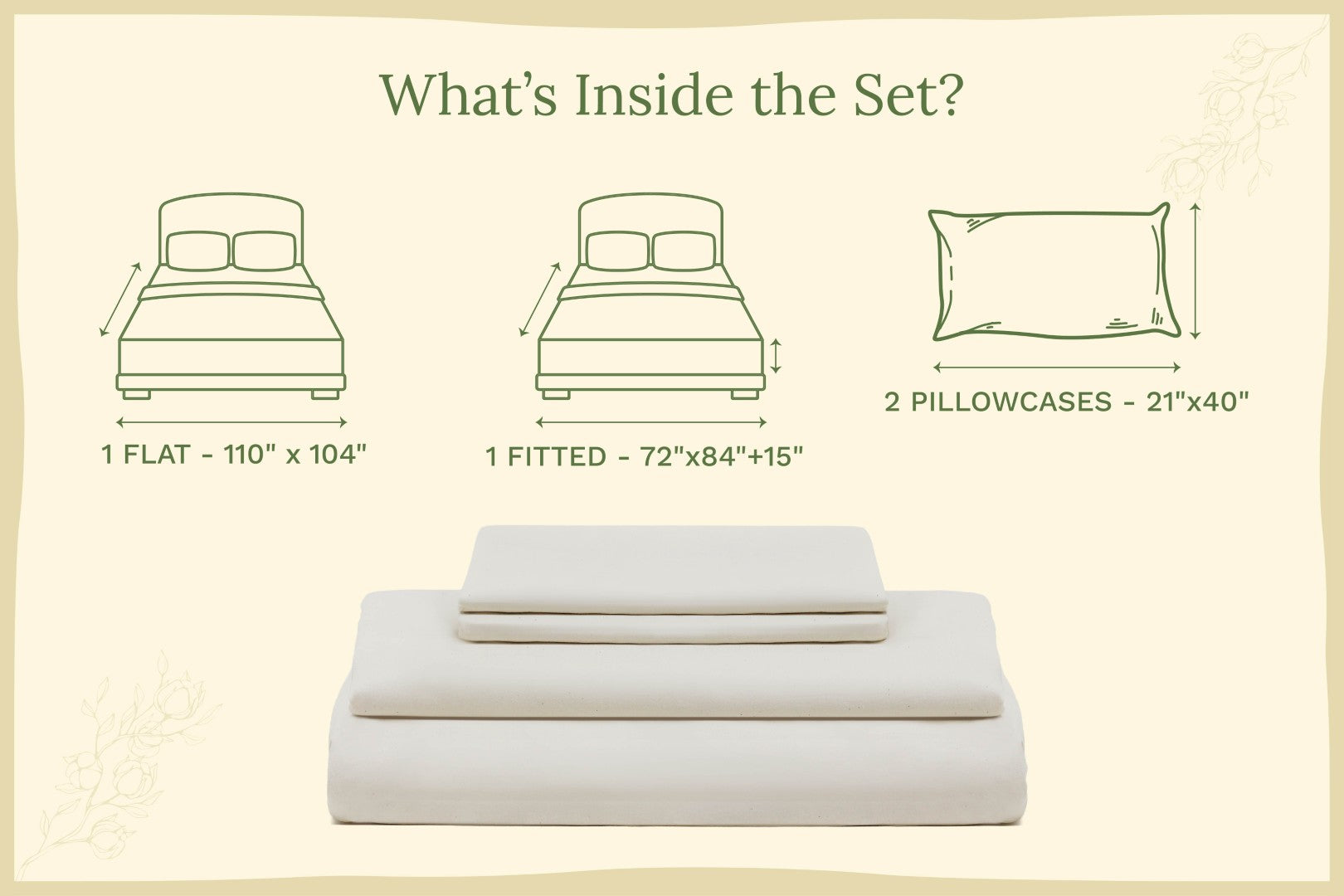 Bedding set with flat, fitted, and pillowcase dimensions on a beige background. Organic Sateen Bed Sheets Set