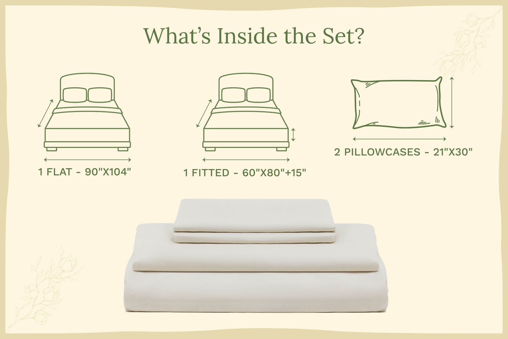 Bedding set with dimensions labeled on a beige background. Organic Sateen Bed Sheets Set