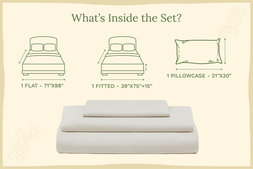 Bedding set dimensions illustration with flat, fitted, and pillowcase sizes on a beige background. Organic Sateen Bed Sheets Set