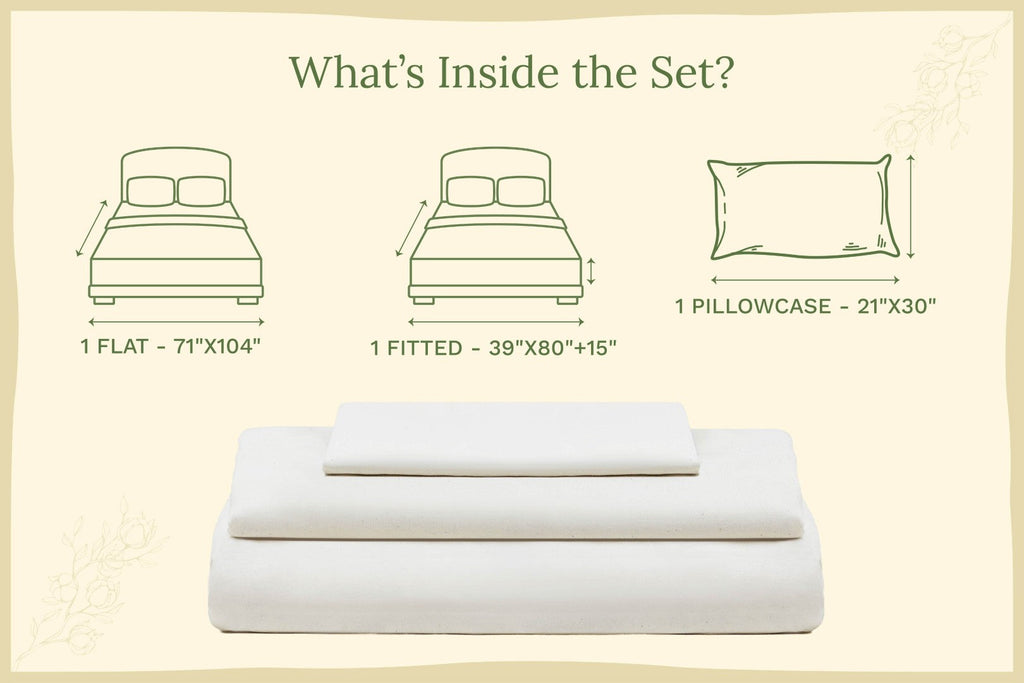 Bedding set with dimensions labeled on a beige background. Organic Sateen Bed Sheets Set