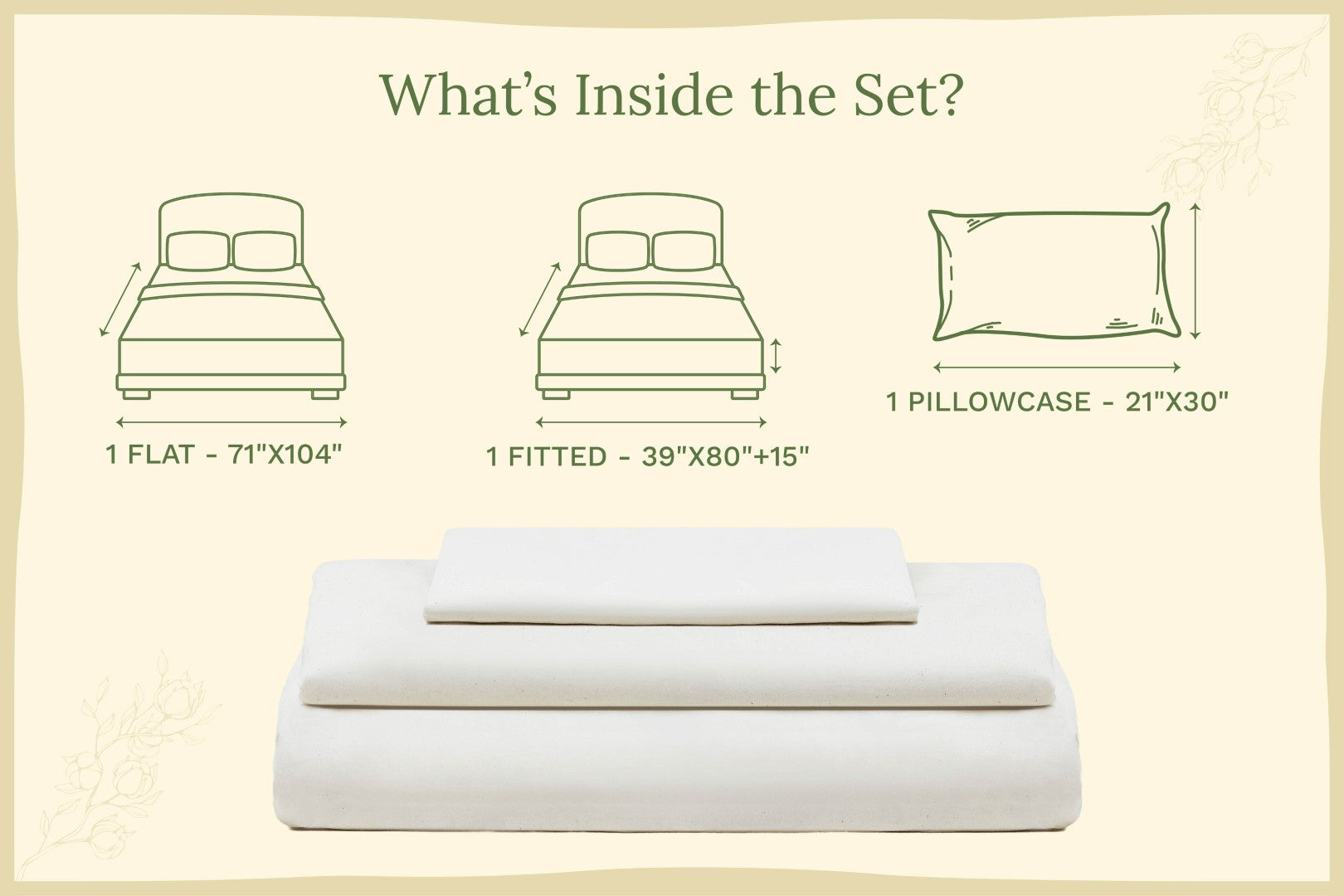 Bedding set with dimensions labeled on a beige background. Organic Sateen Bed Sheets Set