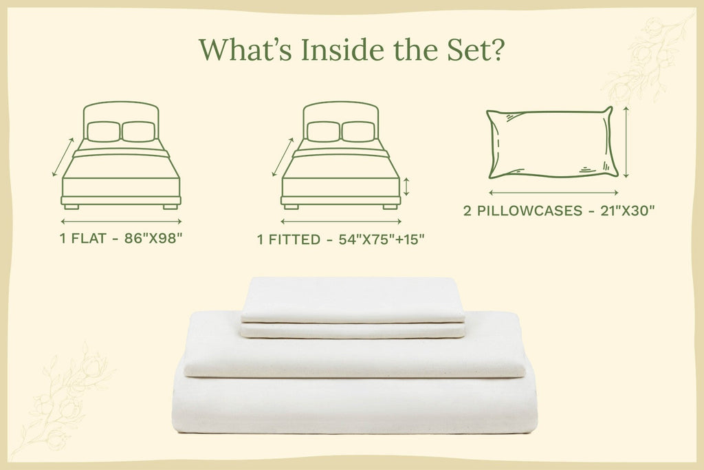 Bedding set with dimensions labeled on a beige background. Organic Sateen Bed Sheets Set