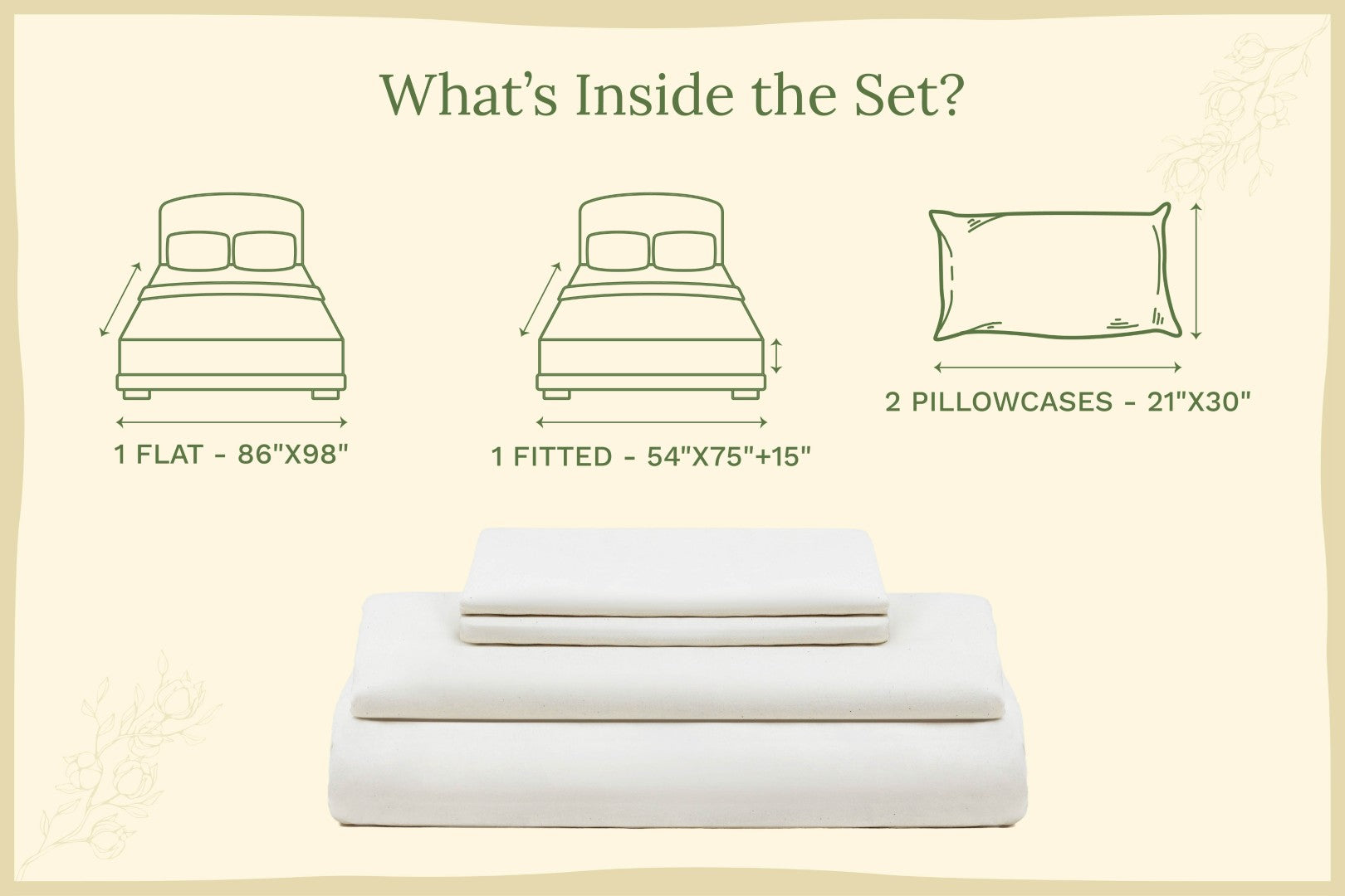 Bedding set with dimensions labeled on a beige background. Organic Sateen Bed Sheets Set