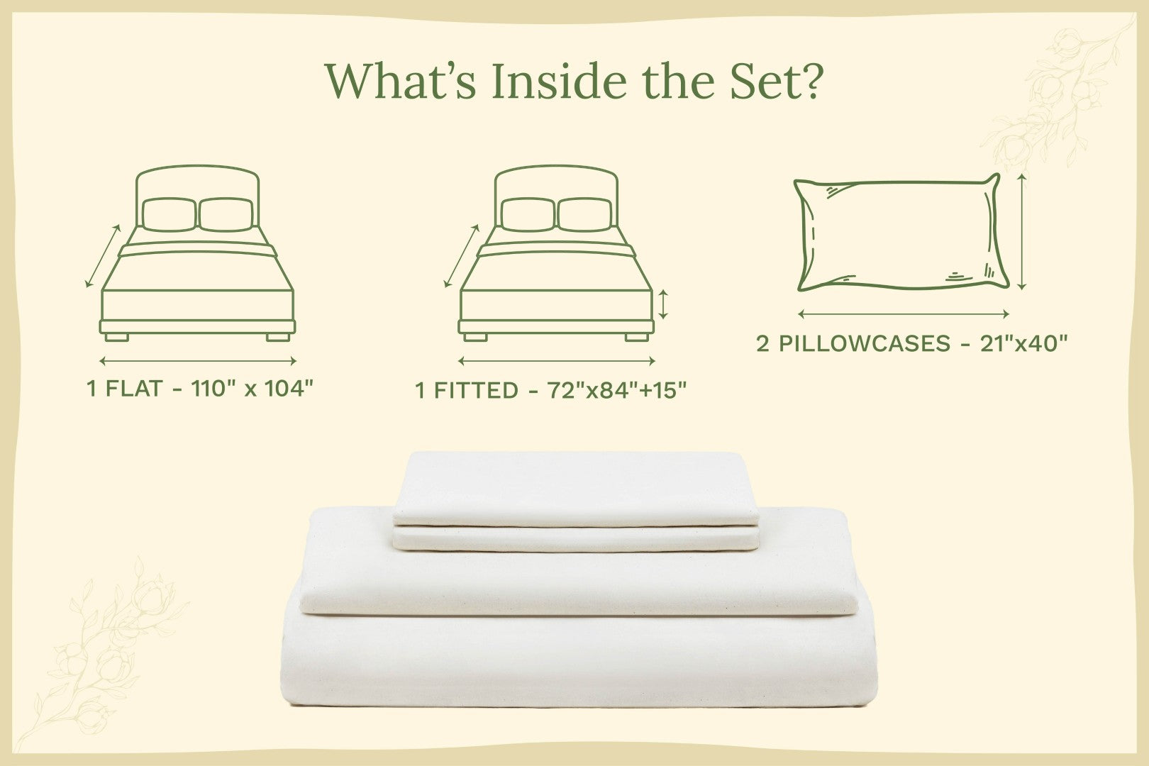 Bedding set with dimensions labeled on a beige background. Organic Sateen Bed Sheets Set