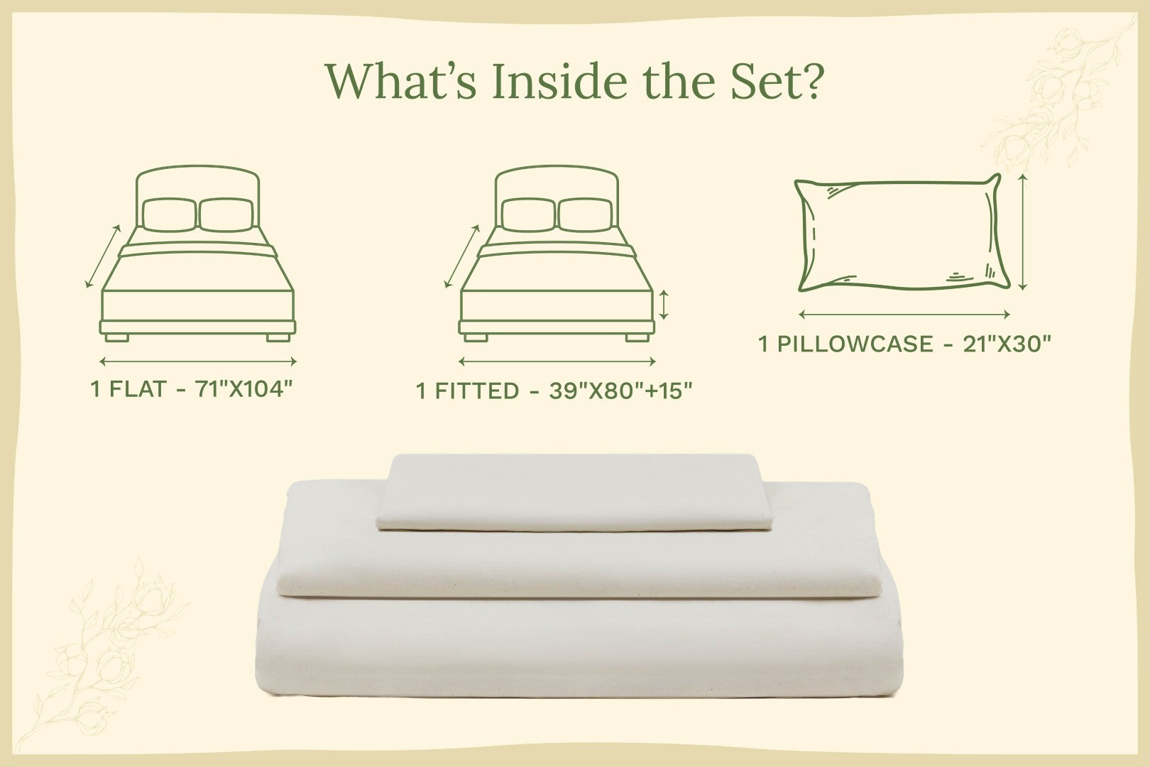 Bedding set with flat, fitted, and pillowcase dimensions on a beige background