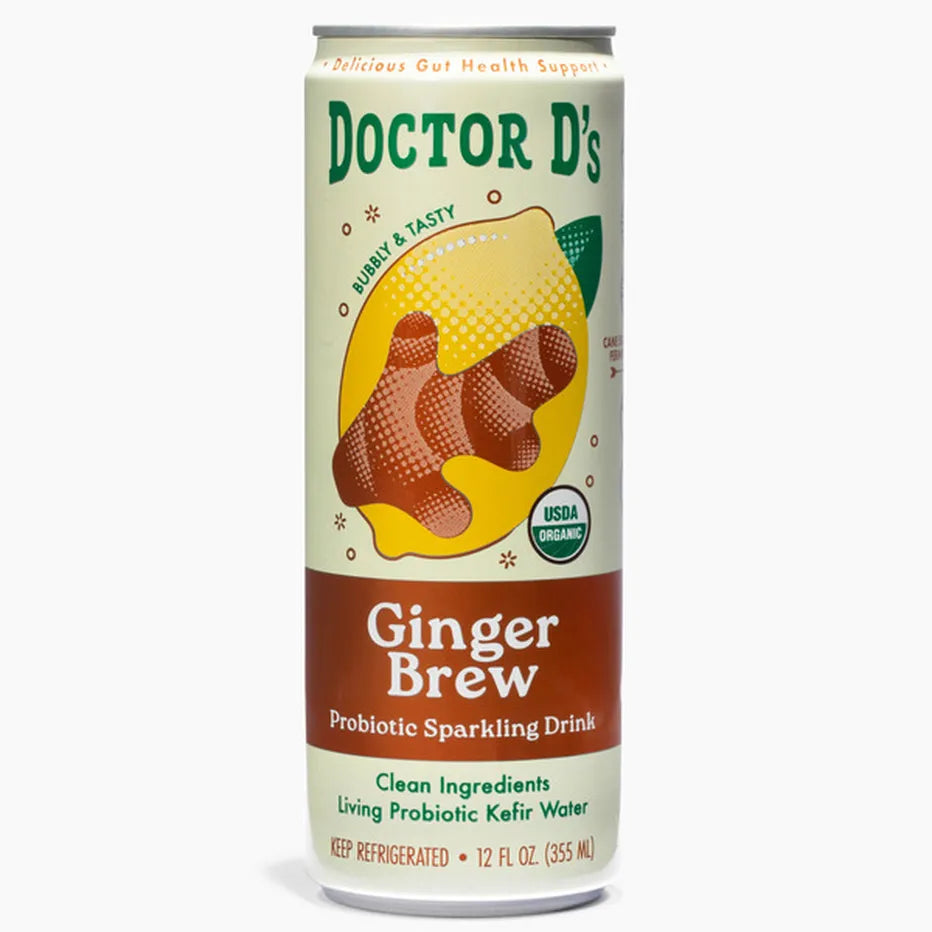 Doctor D's Non-Alcoholic Ginger Brew probiotic sparkling drink in a 12 fl oz can with organic kefir water, bold ginger flavor, and USDA Organic certification.