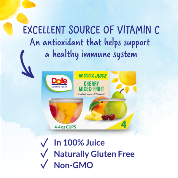 Dole cherry mixed fruit packaging with text about vitamin C, gluten-free, and GMO status on a light blue background. Dole Fruit Juice, Cherry Mixed Fruit