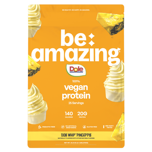 Vegan protein package with pineapple flavor on an orange background
