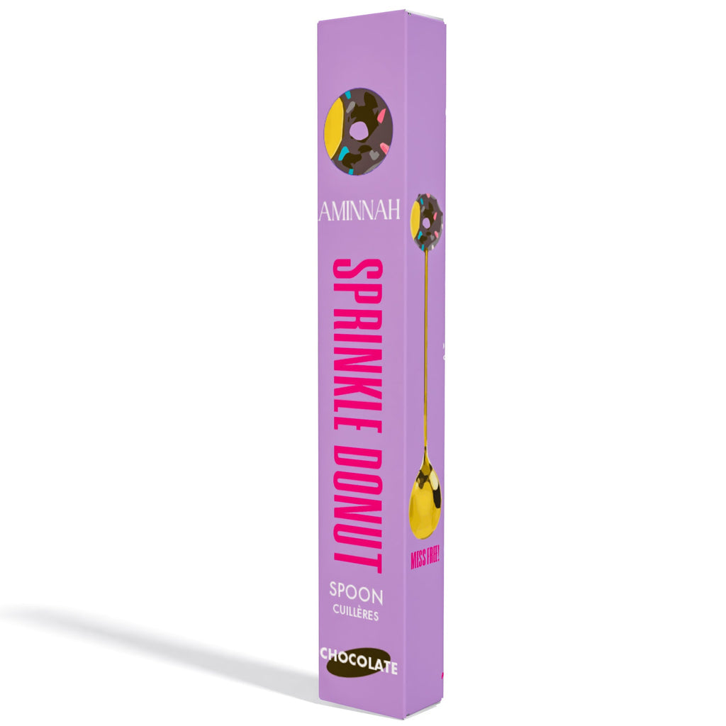 AMINNAH Sprinkle Donut Body Butter Spoon in Chocolate, reusable cosmetic spoon for hygienic body butter application, clean beauty accessory, cruelty-free, vegan, paraben-free, gluten-free, made with natural ingredient skincare routines, recyclable packaging, female-owned brand. Dessert spoon with dessert shaped handle.