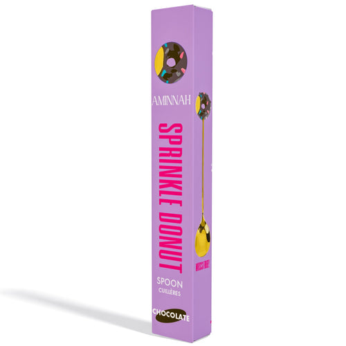 AMINNAH Sprinkle Donut Body Butter Spoon in Chocolate, reusable cosmetic spoon for hygienic body butter application, clean beauty accessory, cruelty-free, vegan, paraben-free, gluten-free, made with natural ingredient skincare routines, recyclable packaging, female-owned brand. Dessert spoon with dessert shaped handle.