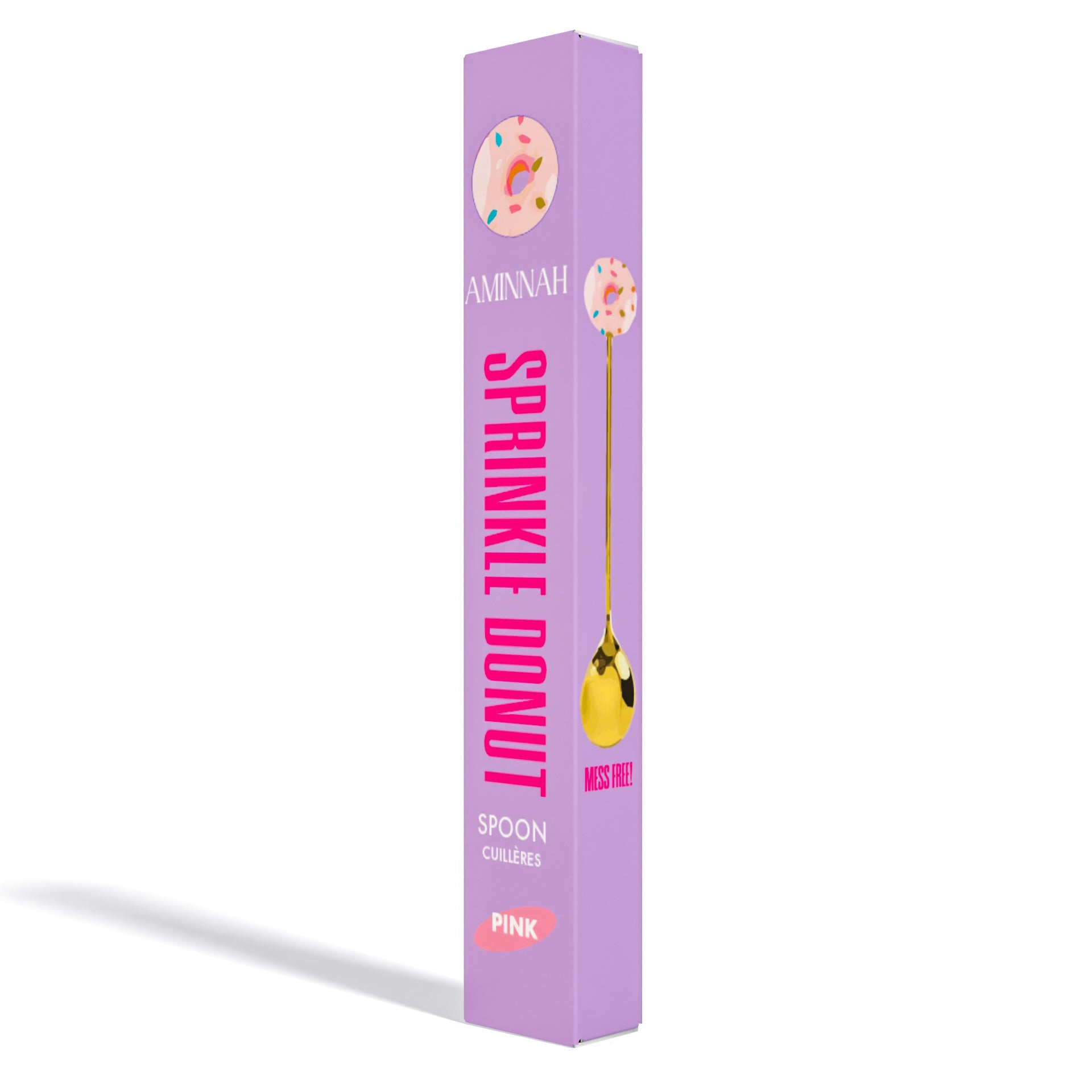 AMINNAH Sprinkle Donut Body Butter Spoon in Light Pink with reusable cosmetic skincare spoon for hygienic body butter application, clean beauty accessory, cruelty-free, vegan, paraben-free, gluten-free, designed to complement natural ingredients skincare routines, recyclable packaging, female-owned brand, mess-free beauty tool for jars, creams, and body butters. Donut Shaped dessert spoon with donut handle.