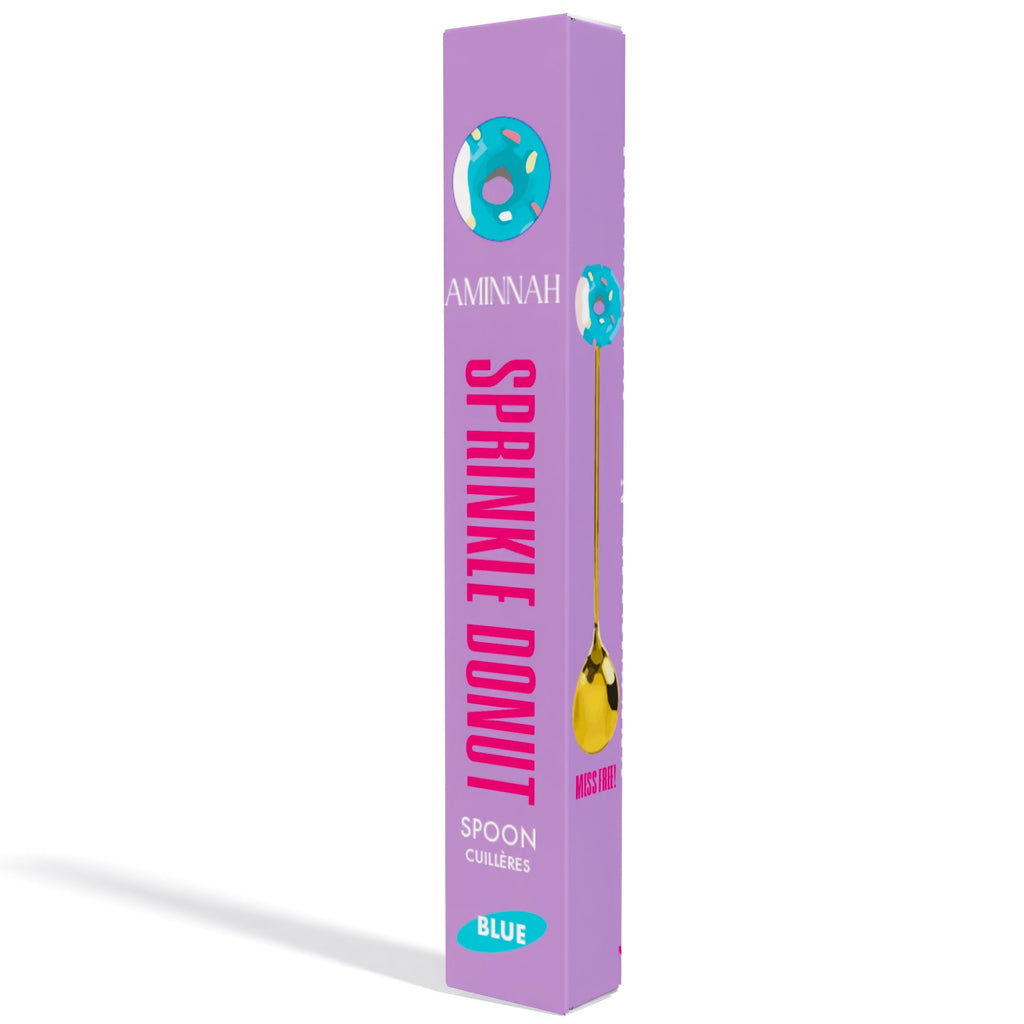AMINNAH Sprinkle Donut Body Butter Spoon in Blue with reusable cosmetic spoon for hygienic body butter application, clean beauty skincare accessory, cruelty-free, vegan, paraben-free, gluten-free, made to complement natural ingredients skincare routines, recyclable packaging, female-owned brand, beauty tool for mess-free skincare application. Donut Shaped dessert spoon with donut handle.