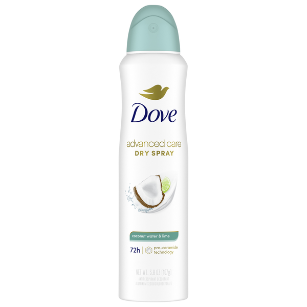 Dove Advanced Care Coconut Water & Lime Dry Spray Antiperspirant Deodorant can on a white background. White aerosol spray can with a light teal cap, Dove logo, coconut and lime graphic, and 72-hour protection label visible.