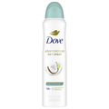 Dove Advanced Care Coconut Water & Lime Dry Spray Antiperspirant Deodorant can on a white background. White aerosol spray can with a light teal cap, Dove logo, coconut and lime graphic, and 72-hour protection label visible.