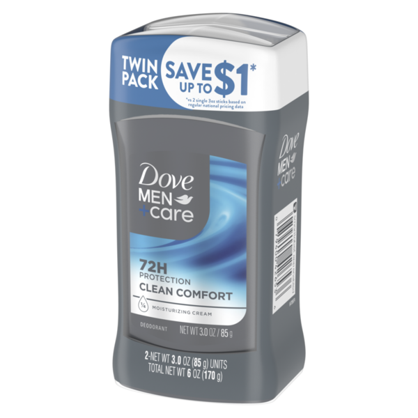 Dove Men+Care Clean Comfort Aluminum-Free Deodorant Stick Twin Pack (2 x 3 oz) on a white background with 72-hour odor protection packaging visible.