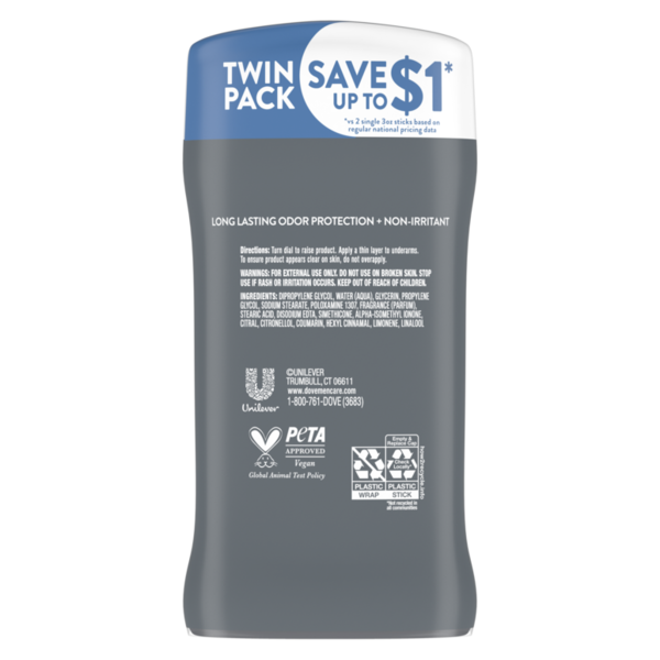 Back label of Dove Men+Care Clean Comfort Aluminum-Free Deodorant Stick Twin Pack showing directions, ingredients, Unilever and PETA logos, recycling symbols, and 72-hour odor protection information on a white background.