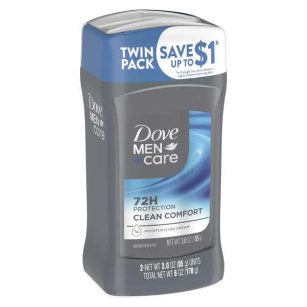 Dove Men+Care Clean Comfort Aluminum-Free Deodorant Stick Twin Pack (2 x 3 oz) on a white background with 72-hour odor protection packaging visible.
