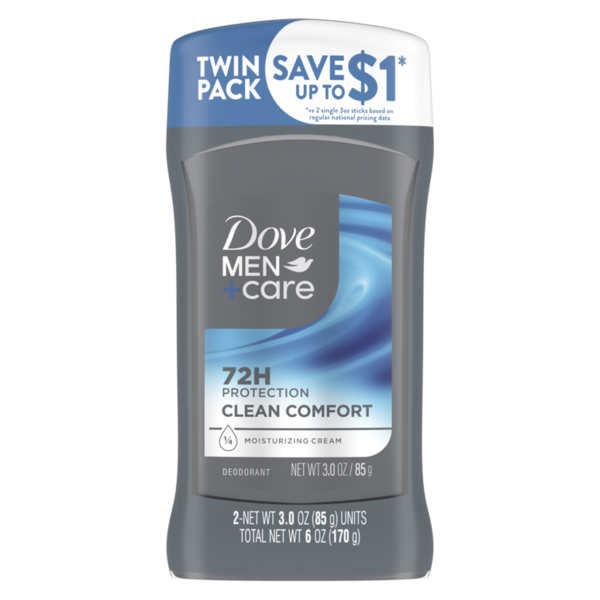 Dove Men+Care Clean Comfort Aluminum-Free Deodorant Stick Twin Pack (2 x 3 oz) on a white background with 72-hour odor protection packaging visible.