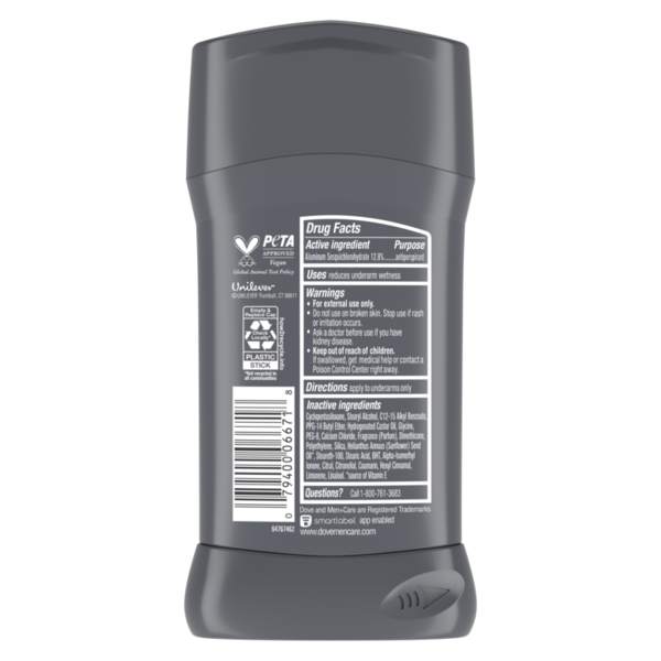 Back label of Dove Men+Care Clean Comfort Antiperspirant Deodorant Stick (2.7 oz / 76 g) showing Drug Facts, ingredients, directions, warnings, barcode, and recycling information on a white background.
