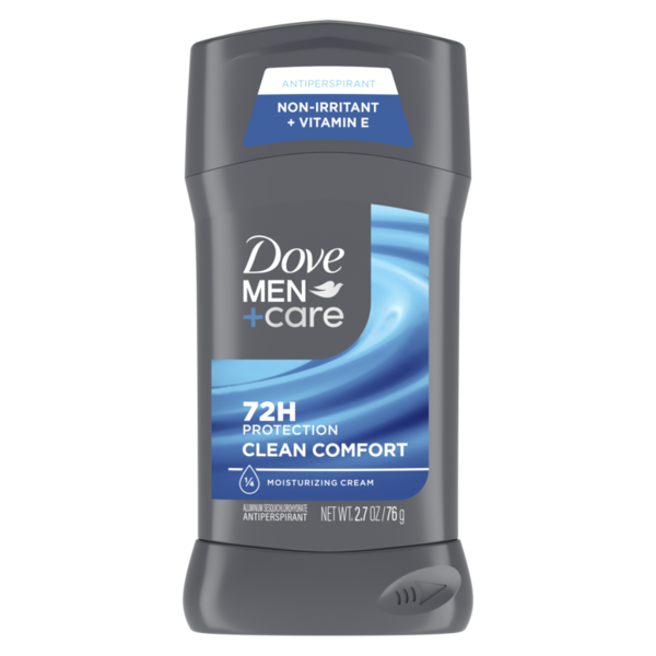 Dove Men+Care Clean Comfort Antiperspirant Deodorant Stick (2.7 oz / 76 g) on a white background, featuring 72-hour sweat and odor protection with a non-irritant formula enriched with Vitamin E.