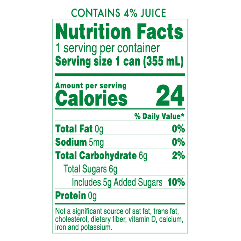 Doctor D's Non-Alcoholic Ginger Brew nutrition facts label showing one 12 fl oz (355 mL) can with 24 calories, 6g carbohydrates, 6g total sugars (including 5g added sugars), 0g fat, 0g protein, 5mg sodium, and contains 4% juice.