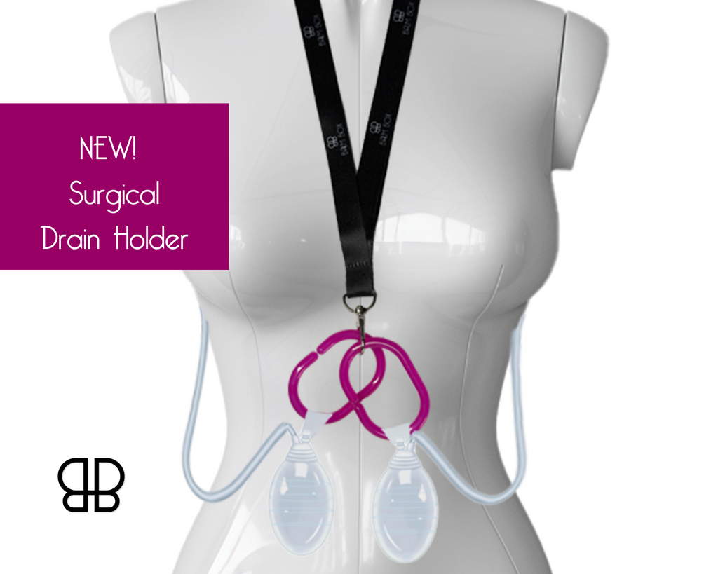 Surgical drain holder worn around the neck with adjustable black lanyard, secure magenta drain pouch loops, postoperative surgical drain support, mastectomy recovery accessory, breast surgery recovery care, post-surgery comfort aid, hands-free drain management, medical recovery accessory, cancer recovery care, thoughtful mastectomy care gift, women’s wellness recovery essential, Tree of Life Grocers.