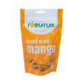 Packaged dried mangoes with 'réelfruit' branding on an orange background