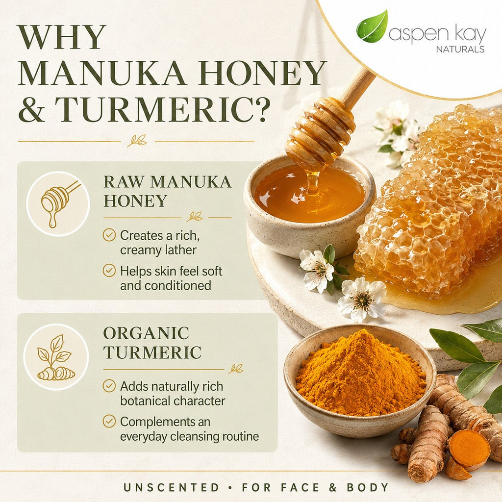 Promotional graphic for Aspen Kay Naturals highlighting the benefits of manuka honey and organic turmeric. The image features a wooden honey dipper dripping honey into a small bowl, a raw honeycomb piece, a bowl of golden turmeric powder, and fresh turmeric roots on a light beige background with text overlays.