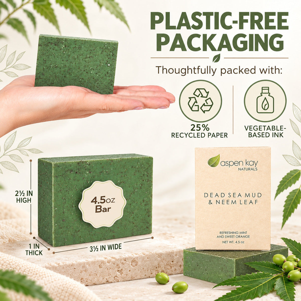 Green soap bars shown with packaging and measurement callouts on a styled background. A hand holds one soap bar, and another soap box is labeled 4.