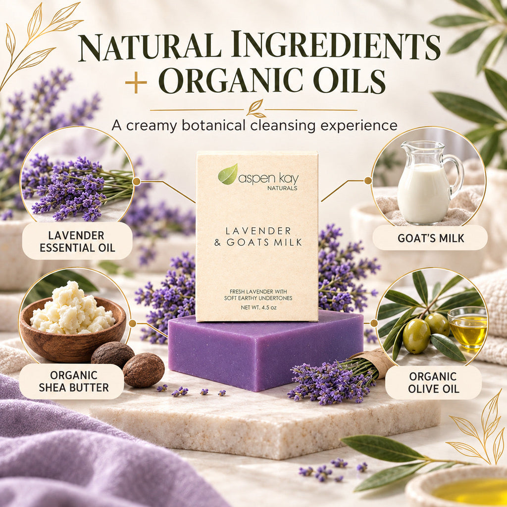 A bar of lavender and goats milk cleansing soap by Aspen Kay Naturals is displayed on a marble slab with lavender, shea butter, goat's milk, and olive oil ingredients illustrated around it.