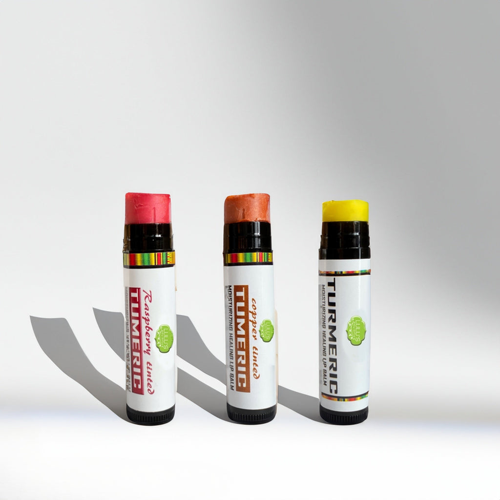 Turmeric Brightening Lip Balm Set - for Dark, Dry Lips (Plain, Copper, Raspberry)