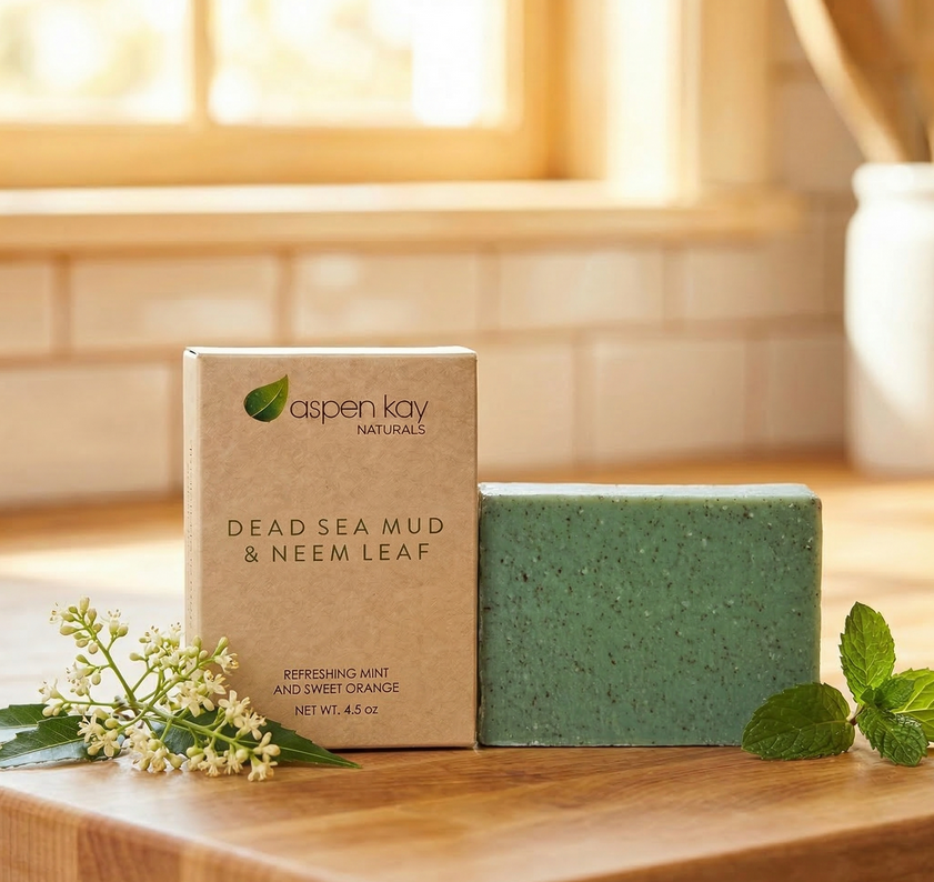 A bar of Aspen Kay Naturals Dead Sea Mud & Neem Leaf soap stands in front of its kraft paper packaging box on a wooden surface, styled with mint leaves and small white flowers against a warm, blurred bathroom background.